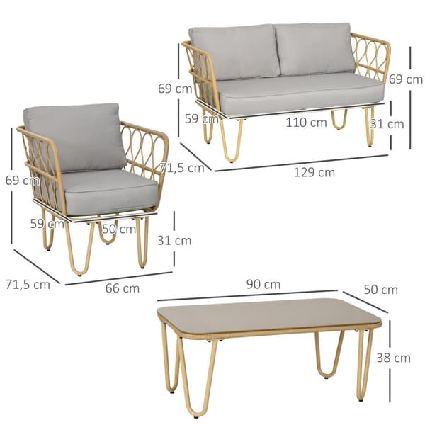 Rootz Garden Furniture Set - Outdoor SOFA - Uteplats Fåtöljer - Tempererat glasbord - UV -resistent - soffa: 129x71.5x69cm, fåtölj: 66x71.5x69cm