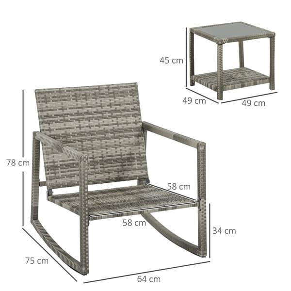 Rootzin puutarhahuonekalusarja - 3 -osainen ulkotilojen istuma - Rottanin keinutuolit - tyynytetty mukavuus - 64 cm x 79 cm x 76cm | Taulukko: 49cm x