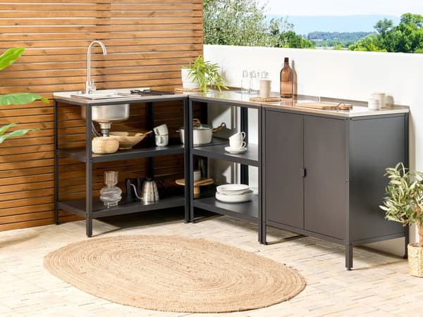 Utekjøkkenøy med oppvaskkum i svart rustfritt stål 80 x 50 x 92 cm Ettgrepsutløp 2 hyller Enhet med topp Hagekjøkken Spiseplass