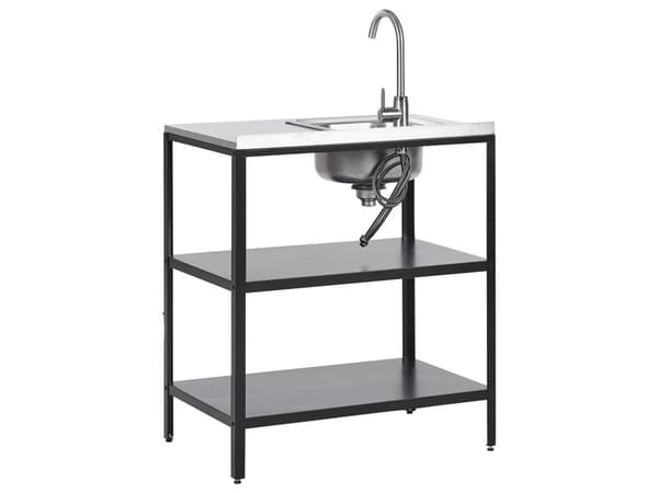 Utekjøkkenøy med oppvaskkum i svart rustfritt stål 80 x 50 x 92 cm Ettgrepsutløp 2 hyller Enhet med topp Hagekjøkken Spiseplass
