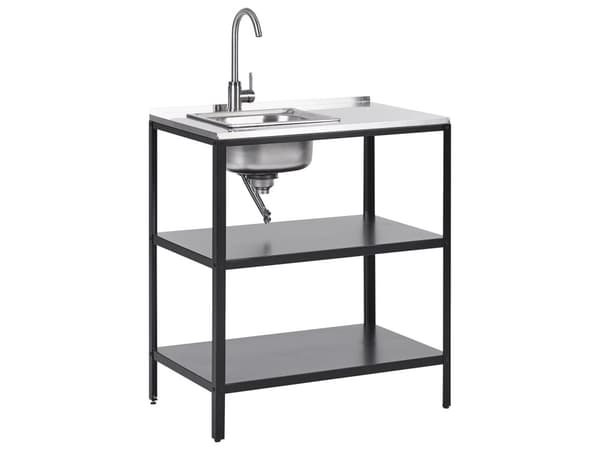 Utekjøkkenøy med oppvaskkum i svart rustfritt stål 80 x 50 x 92 cm Ettgrepsutløp 2 hyller Enhet med topp Hagekjøkken Spiseplass