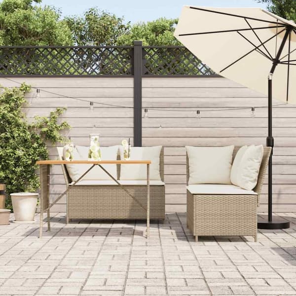 vidaXL Soffgrupp för trädgården 3 delar med dynor beige konstrotting