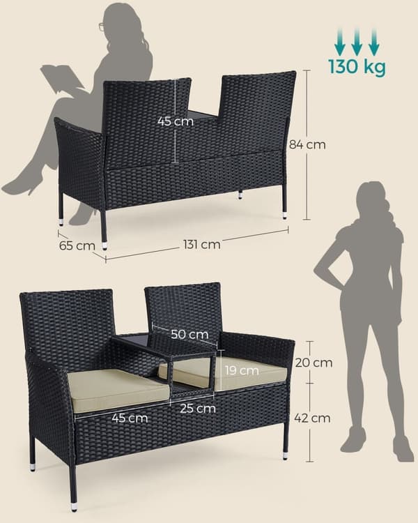 Rootz 3-osainen puutarhasohva - Ulkosohva - Terassikalusteet - Teräsrunko - 65cm x 131cm x 84cm - Musta-Taupe - Paino 13kg