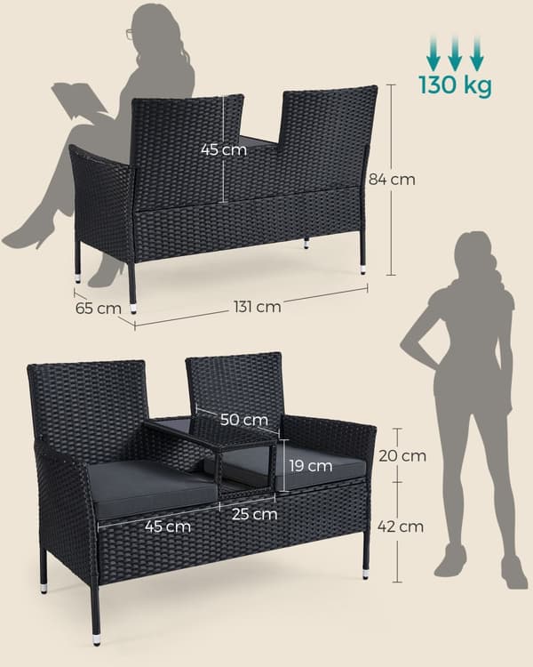 Havebænk, SONGMICS, 65x131x84 cm, Sort-Mørkegrå.