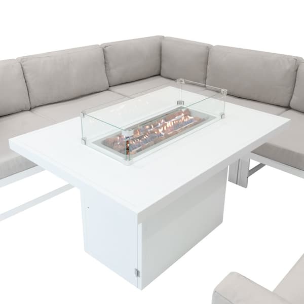 Modulärt Trädgårdsmöbelset 8-sitsig Soffa & Bord med Gas Eldstad 9-delad VIT Lounge Möbel Aluminium Utomhus Terrass Altan Möbelgrupp Regnskydd