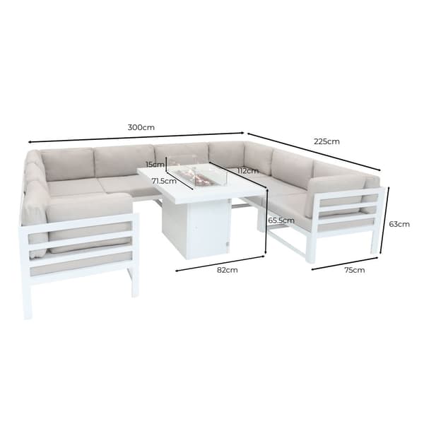 Modulärt Trädgårdsmöbelset 8-sitsig Soffa & Bord med Gas Eldstad 9-delad VIT Lounge Möbel Aluminium Utomhus Terrass Altan Möbelgrupp Regnskydd