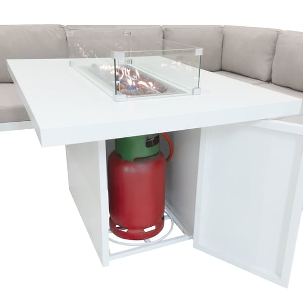 Modulärt Trädgårdsmöbelset 8-sitsig Soffa & Bord med Gas Eldstad 9-delad VIT Lounge Möbel Aluminium Utomhus Terrass Altan Möbelgrupp Regnskydd