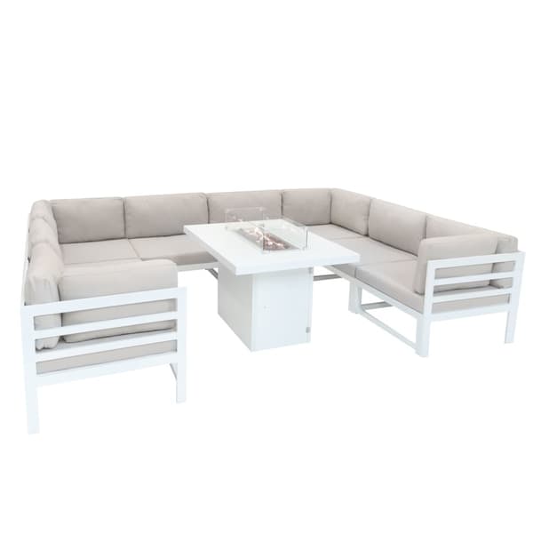 Modulärt Trädgårdsmöbelset 8-sitsig Soffa & Bord med Gas Eldstad 9-delad VIT Lounge Möbel Aluminium Utomhus Terrass Altan Möbelgrupp Regnskydd