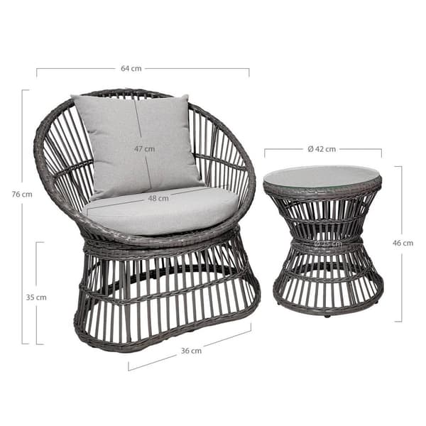 Rootz Natal Lounge Set - Rattan Furniture - Grå sittplatser - Inkluderar kuddar - Bekväm avslappning - 48 cm x 64 cm x 76 cm