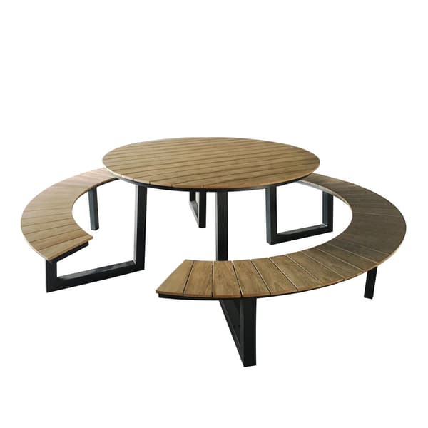 AXI Taco runt picknickbord med 2 bänkar i antracit & teak-look för 6 personer | Picknickbord / Runda picknickbord av aluminium & polywood | Set för
