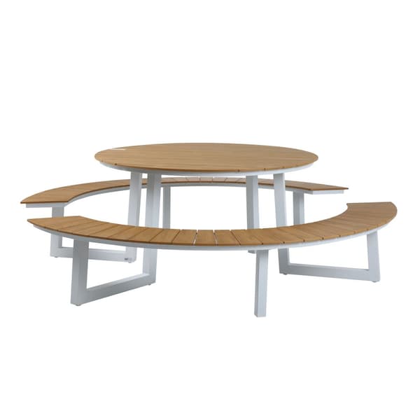 AXI Taco Runda Picknickbord med 2 Bänkar i Vit &amp; Teak-look for 6 Personer | Picknickbord / Runda Picknickbord av Aluminium &amp; Polywood | Set