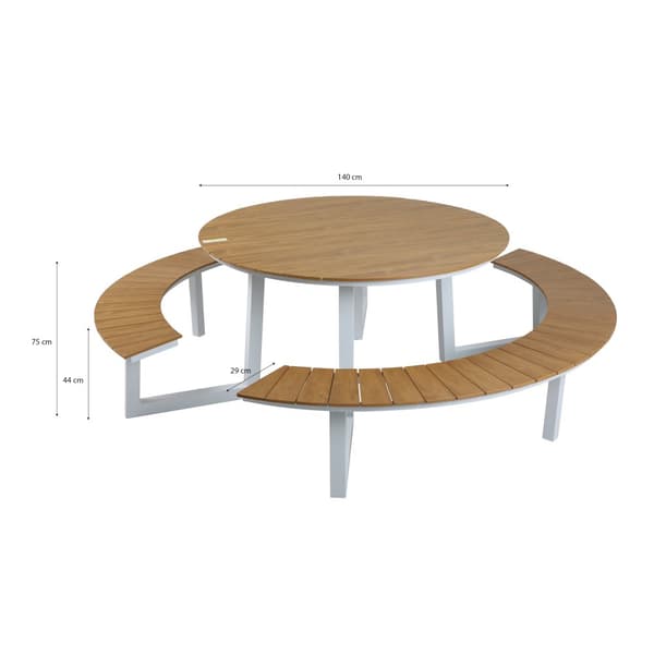 AXI Taco Runda Picknickbord med 2 Bänkar i Vit &amp; Teak-look for 6 Personer | Picknickbord / Runda Picknickbord av Aluminium &amp; Polywood | Set