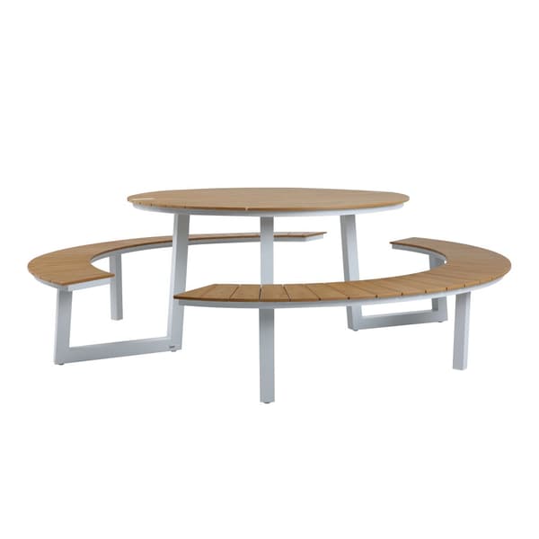 AXI Taco Runda Picknickbord med 2 Bänkar i Vit &amp; Teak-look for 6 Personer | Picknickbord / Runda Picknickbord av Aluminium &amp; Polywood | Set