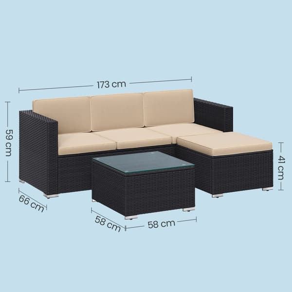 Havemøbler Set-pe rattan balkon sæt med puder og glasbord-3-delt-sort