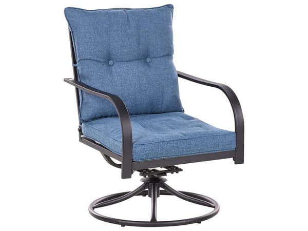 Udendørs sofasæt sort stål blå olefin stofhynder til fire personer med bord sofa lænestole moderne stil