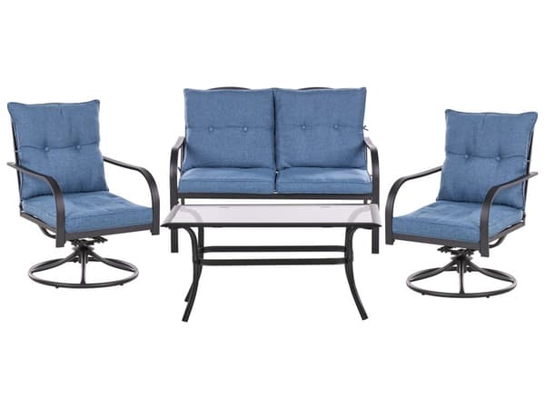 Udendørs sofasæt sort stål blå olefin stofhynder til fire personer med bord sofa lænestole moderne stil
