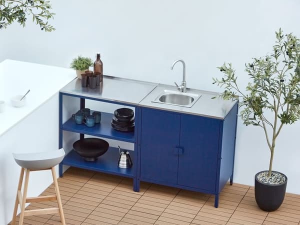 Utekjøkkenøy Blå Rustfritt stål 80 x 50 x 92 cm 2 hyller med topp Hagekjøkken Spiseplass