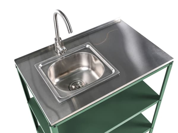 Utekjøkkenøy med oppvaskkum i Grønn rustfritt stål 80 x 50 x 92 cm Ettgrepsutløp 2 hyller Enhet med topp Hagekjøkken Spiseplass