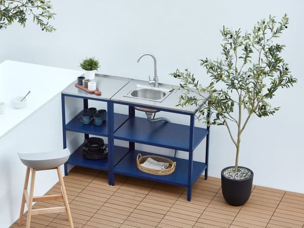 Udekøkken Bord Blå Stål Udendørs Køkkenø med Vask Rustfrit Havekøkken til Terrasse