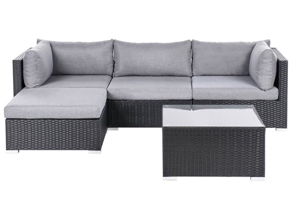 4-seters loungesett Svart Kunstrotting Venstrevendt Grå puter Modulær hjørnesofa Salongbord Hage Utemøbler