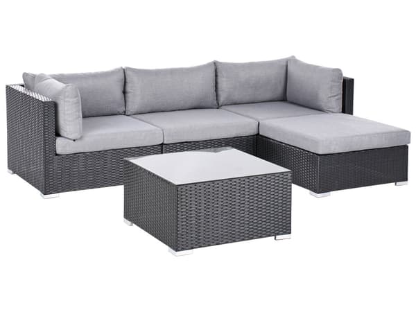 4-seters loungesett Svart Kunstrotting Venstrevendt Grå puter Modulær hjørnesofa Salongbord Hage Utemøbler