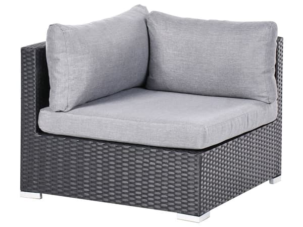 4-seters loungesett Svart Kunstrotting Høyrevendt Grå puter Modulær hjørnesofa Salongbord Hage Utemøbler