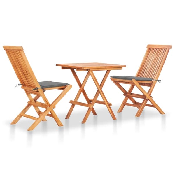 Caféset 3 delar med gråa dynor massiv teak