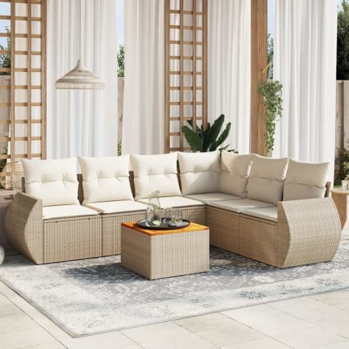 Matgrupp för trädgården med dynor 7 delar beige konstrotting
