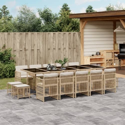 Matgrupp för trädgården med dynor 15 delar beige konstrotting