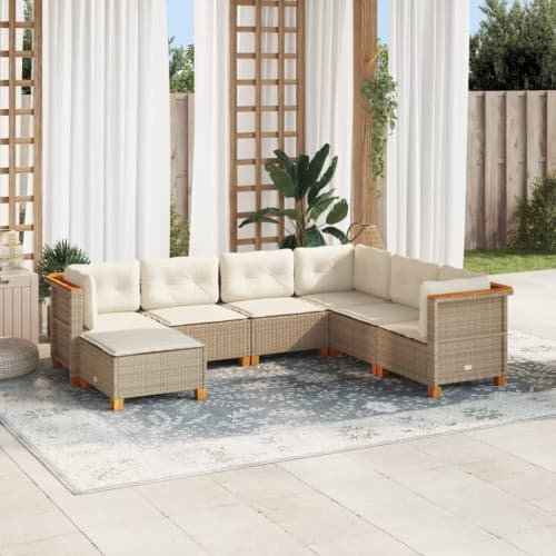 Matgrupp för trädgården med dynor 7 delar beige konstrotting
