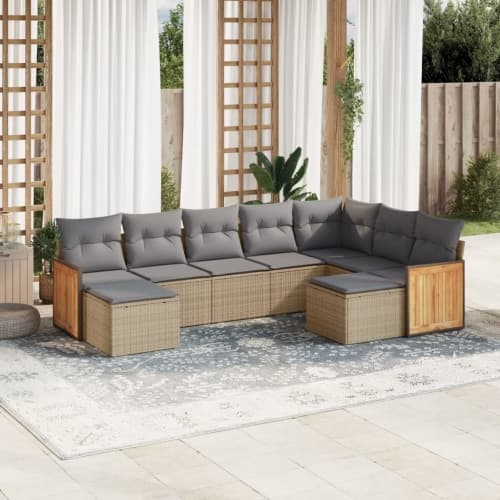 Soffgrupp för trädgården med dynor 9 delar beige konstrotting
