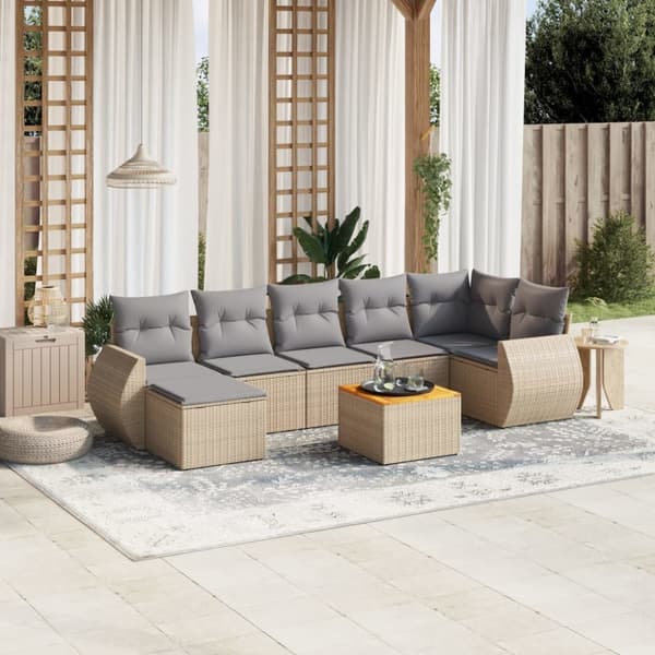 Matgrupp för trädgården med dynor 8 delar beige konstrotting