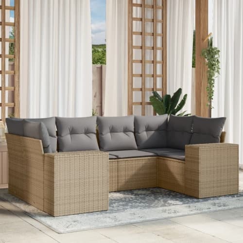 Soffgrupp för trädgården med dynor 6 delar beige konstrotting