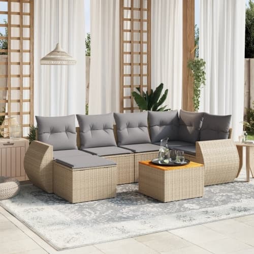 Matgrupp för trädgården med dynor 7 delar beige konstrotting