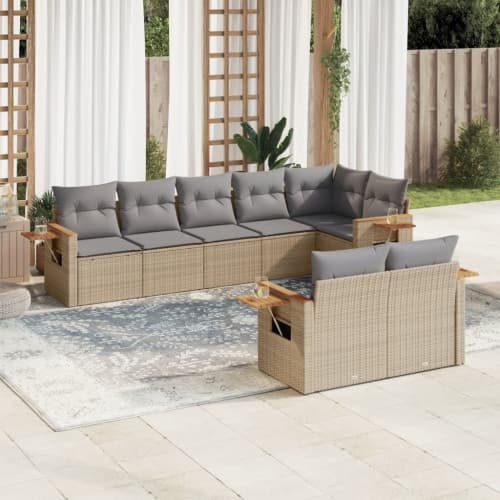 Matgrupp för trädgården med dynor 8 delar beige konstrotting