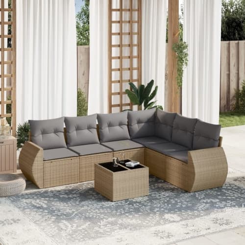 Matgrupp för trädgården med dynor 7 delar beige konstrotting