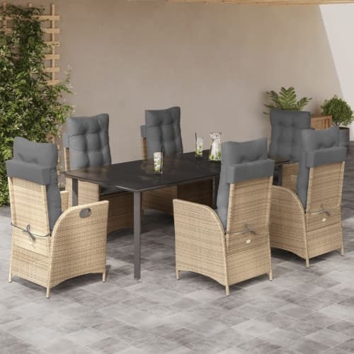 Matgrupp för trädgården med dynor 7 delar beige konstrotting