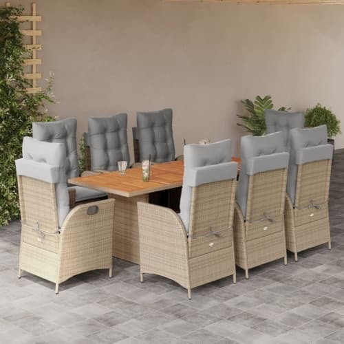 Matgrupp för trädgården med dynor 9 delar mixbeige konstrotting