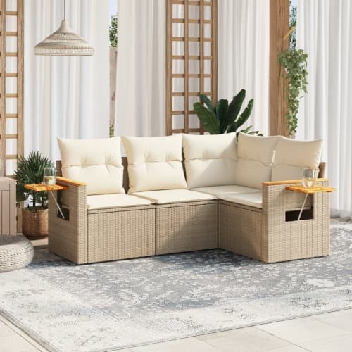 Soffgrupp för trädgård med dynor 4 delar beige konstrotting
