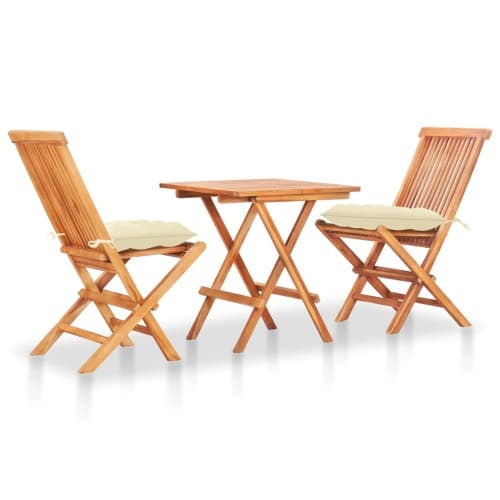 Caféset 3 delar med gräddvita dynor massiv teak