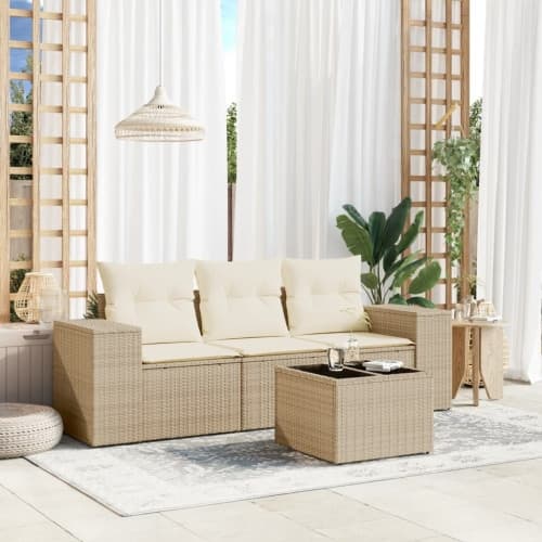 Soffgrupp för trädgård med dynor 4 delar beige konstrotting