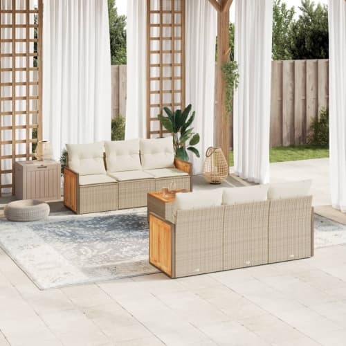 Matgrupp för trädgården med dynor 7 delar beige konstrotting