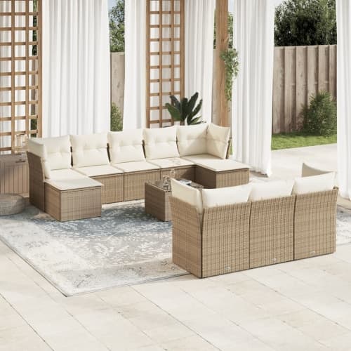 Loungegrupp för trädgården m. dynor 11 delar beige konstrotting
