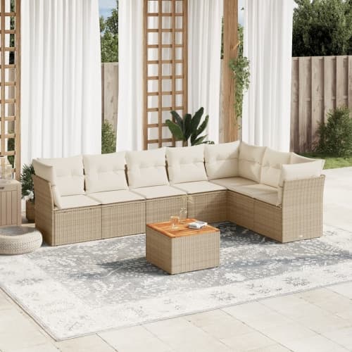 Matgrupp för trädgården med dynor 8 delar beige konstrotting