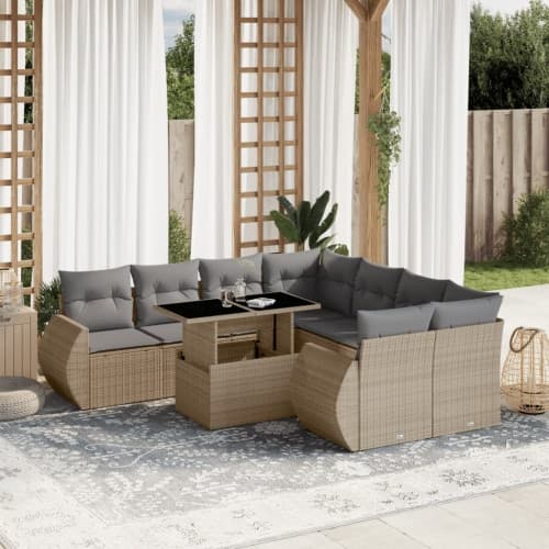 Soffgrupp för trädgården med dynor 9 delar beige konstrotting