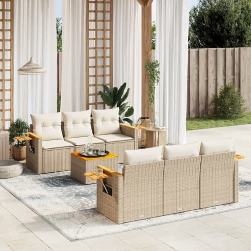 Matgrupp för trädgården med dynor 7 delar beige konstrotting