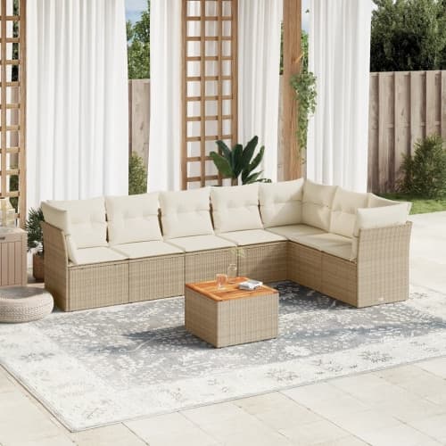 Matgrupp för trädgården med dynor 8 delar beige konstrotting