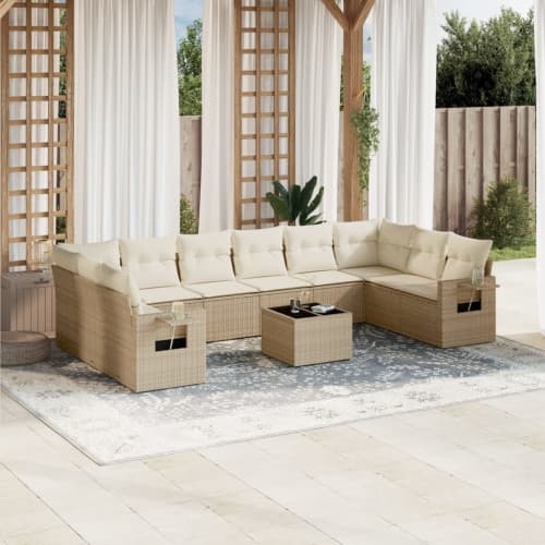 Loungegrupp för trädgården m. dynor 11 delar beige konstrotting
