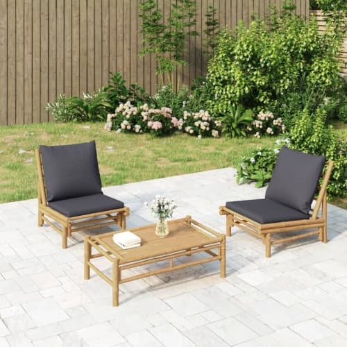 Loungegrupp för trädgården 3 delar mörkgråa dynor bambu