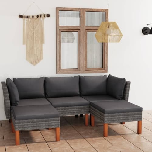 Loungegrupp för trädgården 5 delar med dynor konstrotting grå